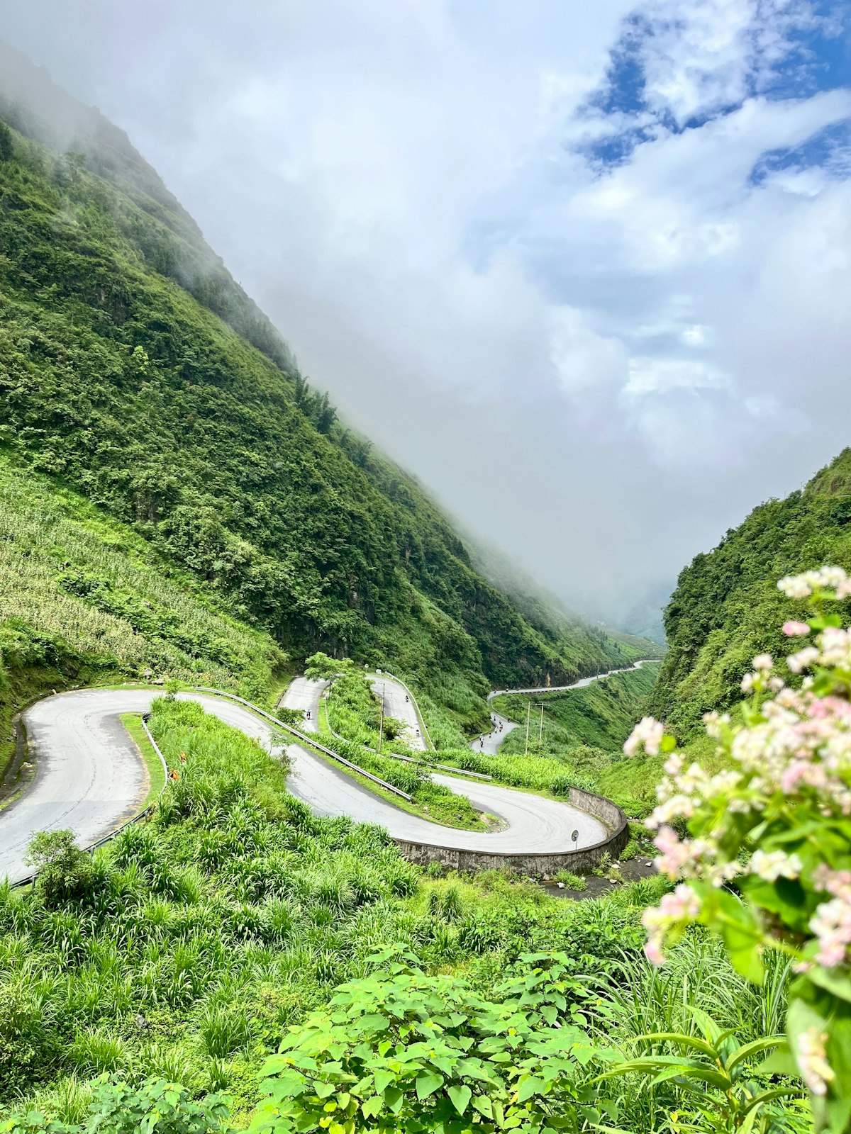 A winding road through misty green mountains in Hà Giang, Vietnam